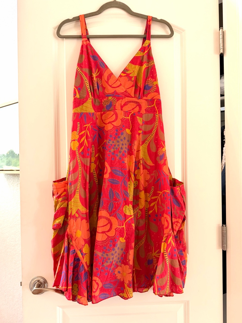 Alchemy 100% Organic Cotton Swing Bold Floral Midi Dress w Patch Pockets. Sz L